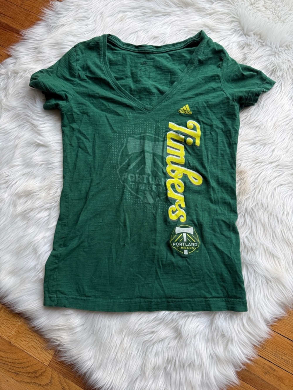 adidas Green Portland Timbers V-Neck Tee with Yellow Script